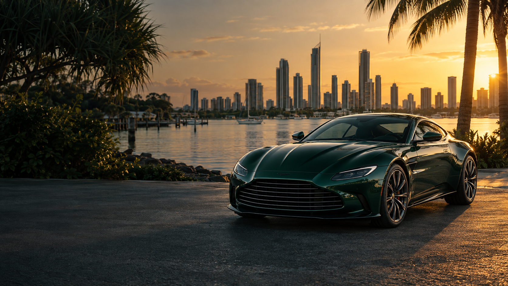 Dark green sports coupe beside a sunlit coastal waterfront